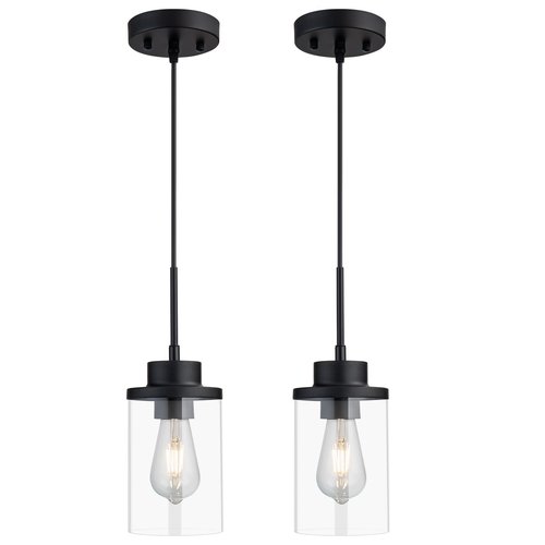 DALIVOL Modern Black Farmhouse Clear Glass Cylinder Pendant Light Fixture, Single Hanging Pendant Lighting for Kitchen Island, Dining Room, Foyer & Hallway(2 Packs)