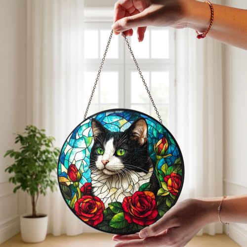 Black and White Cat Stained Glass Panel - Artistic Window Decor for Cat Lovers