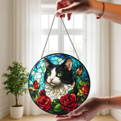 Black and White Cat Stained Glass Panel - Artistic Window Decor for Cat Lovers