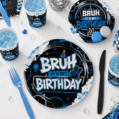 Bruh Its My Birthday Decorations Tableware Set - 98Pcs Blue & Black Party Supplies