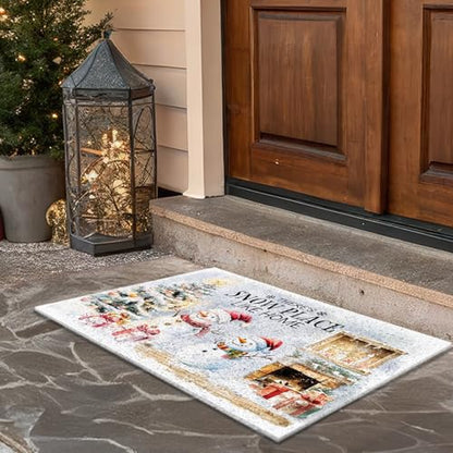 Christmas Snowman Door Mat - Farmhouse Snowy Tree Welcome Rug for Indoor Outdoor Entrance - 17x30 Inches - Variation of THIS listing