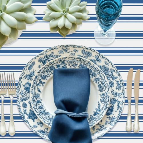 Blue and White Disposable Paper Table Runner Roll 25ft x 16in - Narrow Stripes