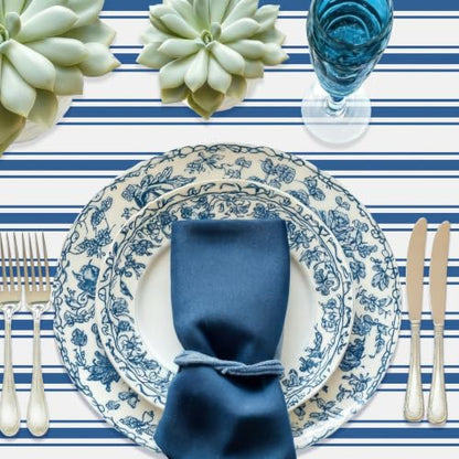 Blue and White Disposable Paper Table Runner Roll 25ft x 16in - Narrow Stripes