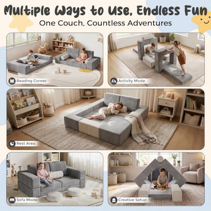Grey Modular Kids Play Couch - 17-Piece Toddler Sofa with Shape Pillows & Window Panels