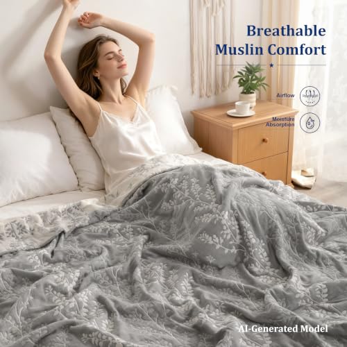 King Size Muslin Cotton Blanket - 3-Layer Yarn-Dyed Tree Design, 106x92 Inches