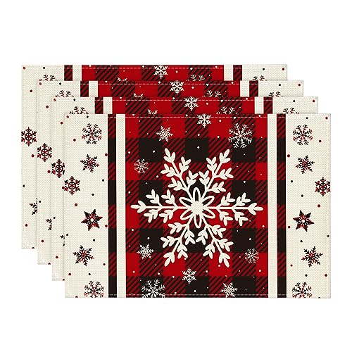 Buffalo Plaid Snowflake Christmas Placemats Set of 4 - 12x18 Inch Red Rectangular Holiday Table Decor