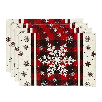 Buffalo Plaid Snowflake Christmas Placemats Set of 4 - 12x18 Inch Red Rectangular Holiday Table Decor