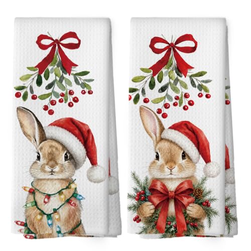 Christmas Bunny Kitchen Towels Set of 2 - Holiday Rabbit Decor, Bunny Variation