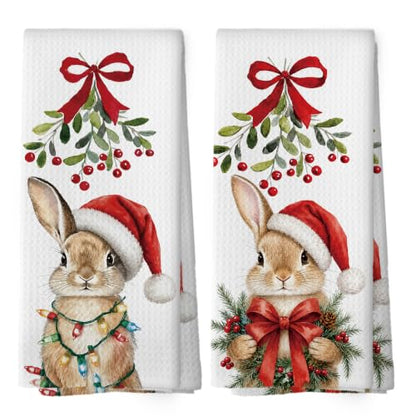 Christmas Bunny Kitchen Towels Set of 2 - Holiday Rabbit Decor, Bunny Variation