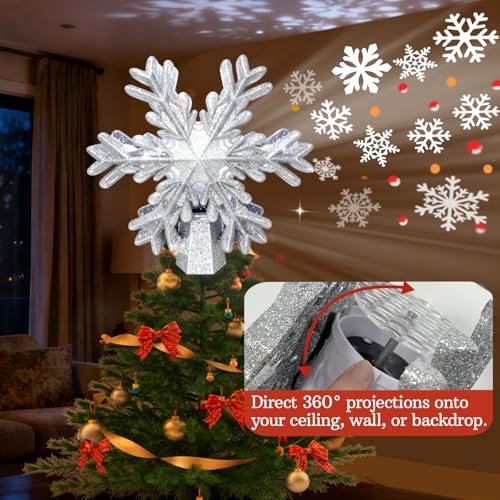 Lighted Snowflake Tree Topper with Rotating Projection for Christmas