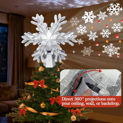 Lighted Snowflake Tree Topper with Rotating Projection for Christmas
