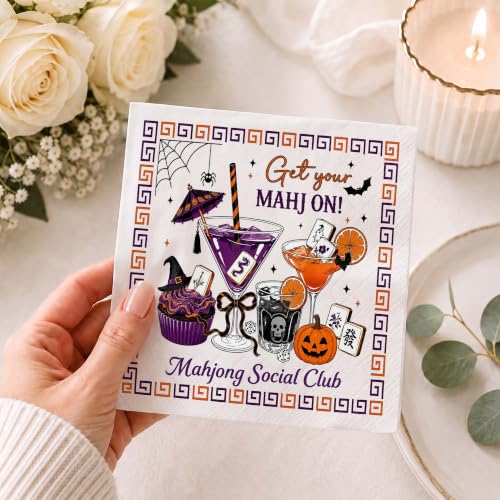 Halloween Mahjong Cocktail Napkins - Spooky Bat & Pumpkin Party Decor