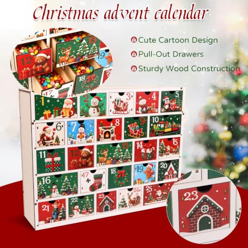 Multicolor Wooden Advent Calendar 2026 with 25 Cartoon Drawers Holiday Decor