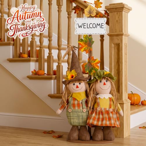 Fall Scarecrow Decor Set with Adjustable Sign and Wooden Base - Halloween & Thanksgiving Farmhouse Wall Display