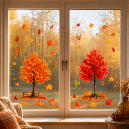Large Fall Maple Tree Window Clings - 8 Sheets Autumn Thanksgiving Decor - Reusable Static Stickers
