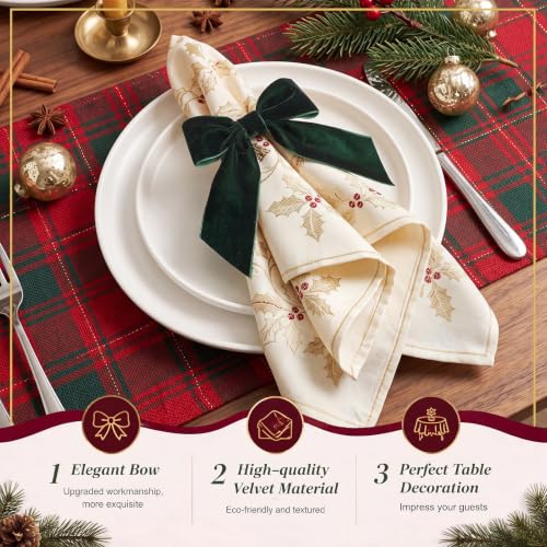 12 Pcs Velvet Christmas Bow Napkin Rings Burgundy & Dark Green Holiday Table Decor