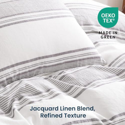 Queen Duvet Cover Set - Striped Lyocell Linen Blend, Dark Gray - Sleep Zone
