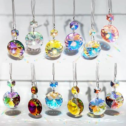 24pcs Iridescent Crystal Ornaments for Christmas Tree & Holiday Decor - Round & Flower Shaped