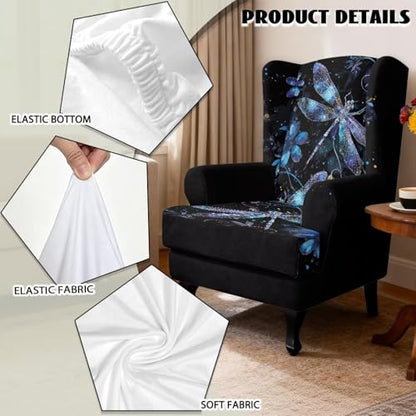 Dragonfly Floral Wingback Chair Cover, 2-Piece Stretch Slipcover for Sofa