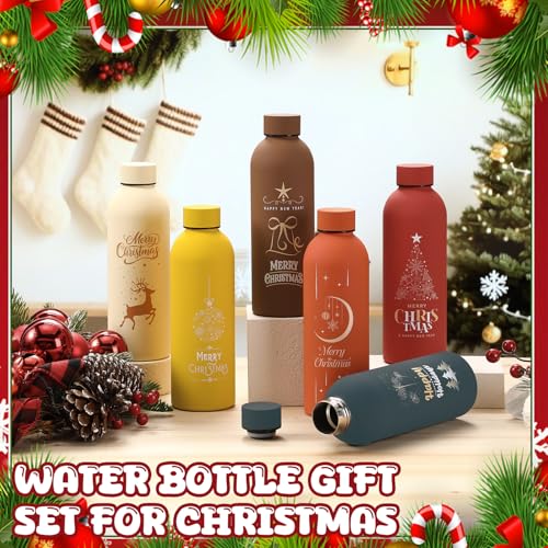Christmas Water Bottle Set - 6 Stainless Steel 17oz Holiday Drink Bottles - Colorful Festive Design