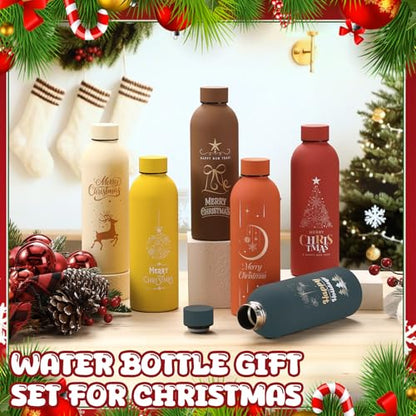 Christmas Water Bottle Set - 6 Stainless Steel 17oz Holiday Drink Bottles - Colorful Festive Design