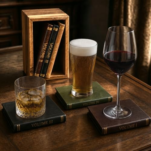 Book Coasters Set of 6 - Wooden Literary Drink Coasters with Stand