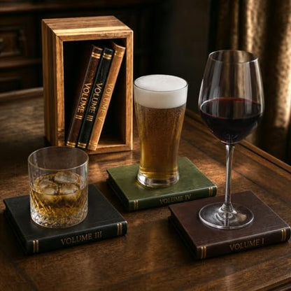 Book Coasters Set of 6 - Wooden Literary Drink Coasters with Stand