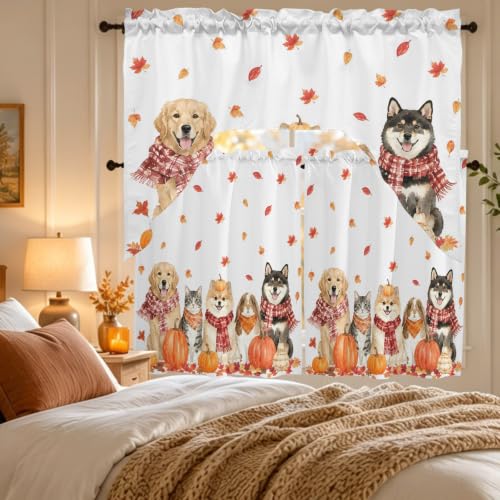 Autumn Fall Dogs Cats Kitchen Window Curtains Set 24 Inch Length - Orange Red White, 3 Piece Swag Valance and Tiers, Maple Leaves Thanksgiving Decor