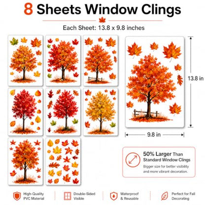 Large Fall Maple Tree Window Clings - 8 Sheets Autumn Thanksgiving Decor - Reusable Static Stickers