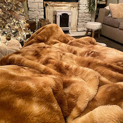 CAROMIO Faux Fur Throw Blanket, Tie-Dye Decorative Reversible Sherpa Throw Blanket for Sofa Bed Couch, Fluffy Fuzzy Plush Microfiber Double Layer Bed Throw Fur Blanket for Winter, 50"x60", Brown