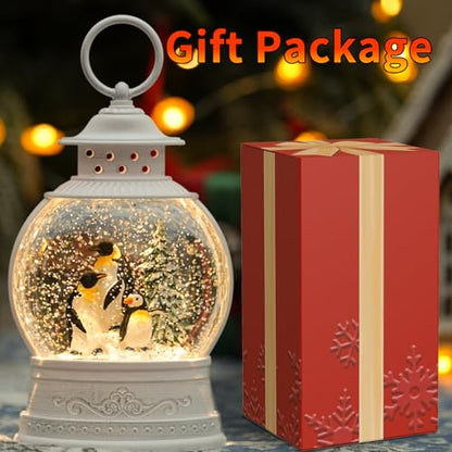 Penguin Snow Globe Lantern Christmas Decor with Music & Timer - Swirling Glitter Lighted Holiday Gift