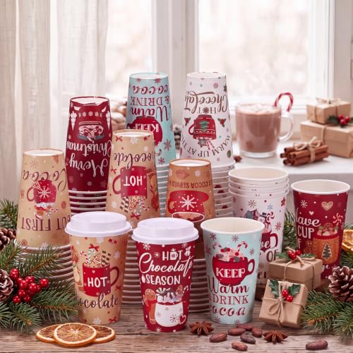 Christmas 16 Oz Hot Cocoa Coffee Cups with Lids - 120 Pieces