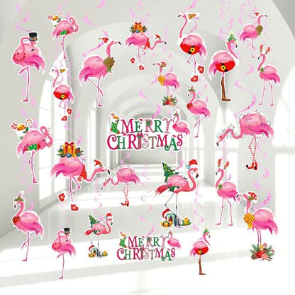 Christmas Hanging Swirl Decorations Pink Flamingo 24Pcs Holiday Ornaments