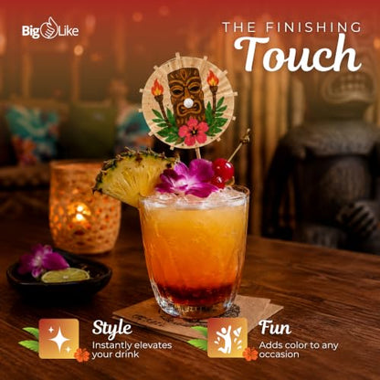 Tiki Bar Cocktail Umbrellas - 100 Pieces with Tropical Designs, Includes Classic Tiki Bar Variation