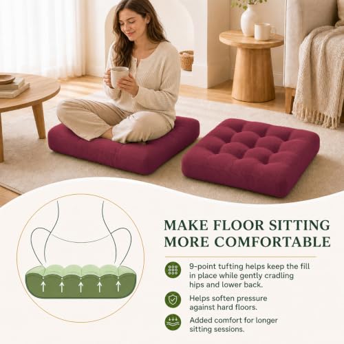 Floor Pillow Set of 2 20 Inch Large Tufted Corduroy Cushions for Sitting Meditation Lounge - Wine Red