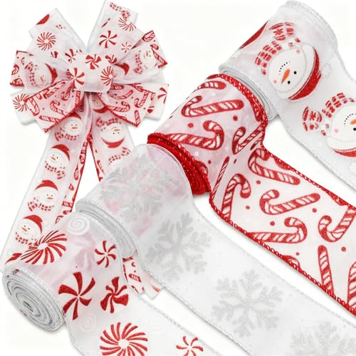 Christmas Glitter Wired Edge Ribbon Snowman Snowflake Candy Set - 4 Rolls, 24 Yards