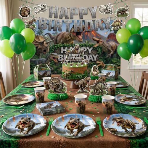 Dinosaur Party Decorations Serve 24 - Birthday Party Supplies Including Plates, Balloons & Banner