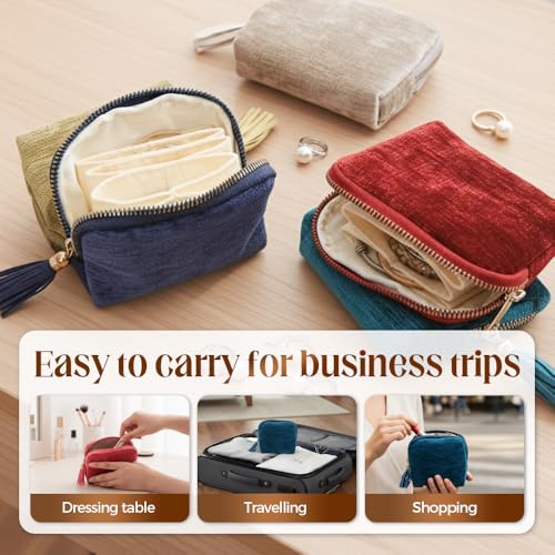 Moss Green Chenille Jewelry Case with Zippered Compartments Travel Organizer