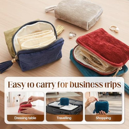 Moss Green Chenille Jewelry Case with Zippered Compartments Travel Organizer