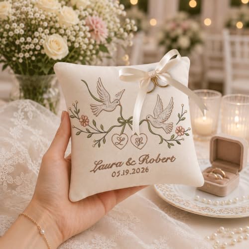 Personalized Wedding Ring Bearer Pillow - Embroidered Linen Keepsake - Wedding 8