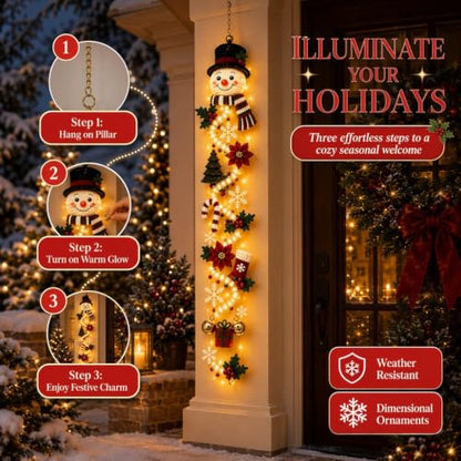 Lighted Snowman Christmas Door Hanger – 3D Holiday Decor with Warm LED Light, 1PC