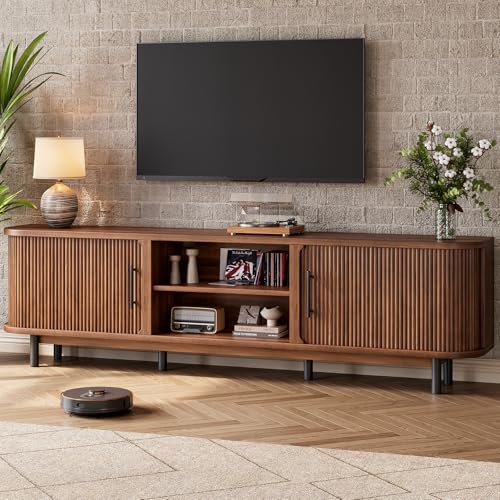 Walnut 70-Inch TV Stand for Up to 75-Inch TVs with Sliding Doors & Cable Management