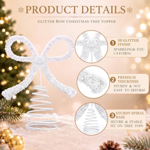 11-Inch White Bow Christmas Tree Topper with Glitter Metal Spiral Base
