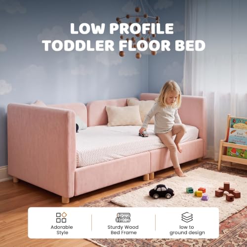 Pink Toddler Floor Bed 2-in-1 Montessori Bed with Removable Rails - Crib Size Sofa Bed