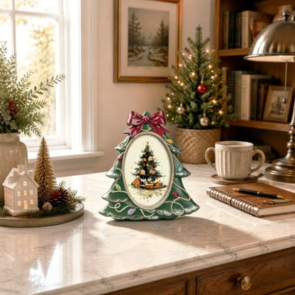 Vintage Christmas Tree Photo Frame with Bow and Light String - Green Tree Variation