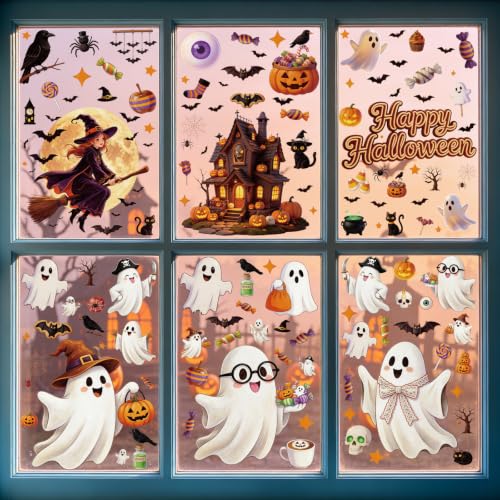 8 Sheets 157 Pcs Halloween Window Clings Decor - Ghost Pumpkin Bat Skull Web Stickers