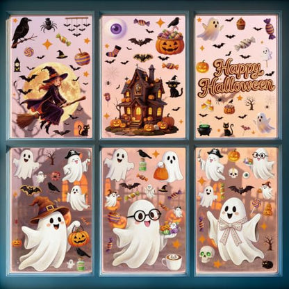 8 Sheets 157 Pcs Halloween Window Clings Decor - Ghost Pumpkin Bat Skull Web Stickers