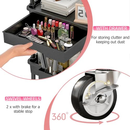 Black 3-Tier Rolling Makeup Cart with Drawer and Side Cups