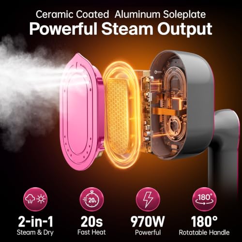 Pink 2-in-1 Handheld Clothes Steamer & Iron, 180° Rotatable Handle, Fast Heating, Portable Travel Steamer