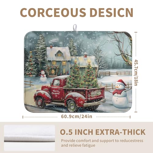 Christmas Red Truck Snowman Dish Drying Mat 18x24 Inch Kitchen Counter Accessory